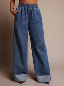 Vixey Fold Over Cuffed Hem Elastic Waistband Wide Leg Jeans - Medium Wash - View 2