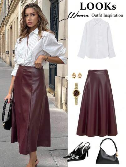 Vionelle Plus Size Women's Elegant Solid Color High-Quality PU Fabric Skirt, Elastic Waist, Invisible Side Zipper, A-Line Design, Long Midi Skirt, Suitable For Concerts, Outings, Weddings, Parties, Christmas, New Year, Birthdays, Fashion Essential