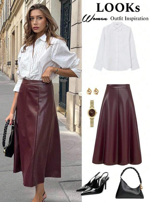 Vionelle Plus Size Women's Elegant Solid Color High-Quality PU Fabric Skirt, Elastic Waist, Invisible Side Zipper, A-Line Design, Long Midi Skirt, Suitable For Concerts, Outings, Weddings, Parties, Christmas, New Year, Birthdays, Fashion Essential