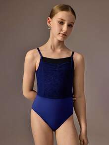 SHEIN 女童海军蓝植绒网眼芭蕾紧身衣，精致的 FloralFlockedt 图案，修身设计，舒适优雅，适合芭蕾舞比赛、表演和训练 - 寶藍色 - 查看 1