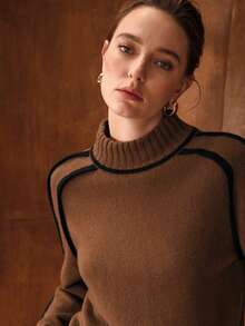 MOTF PREMIUM WOMEN'S FASHIONABLE HIGH-END CASUAL VERSATILE 100% WOOL HIGH NECK CONTRAST PIPING RAGLAN SLEEVE WARM SOFT LIGHTWEIGHT SWEATER, AUTUMN/WINTER - Coffee Brown - View 6
