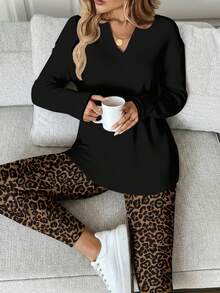 EMERY ROSE Bộ 2 áo thun tay dài màu đen cỡ lớn cho nữ và quần legging họa tiết da báo, trang phục đa năng cho mùa thu/đông - Nhiều màu - Xem 1
