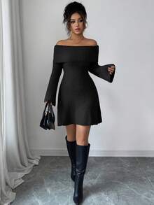Elenzga Soft & Comfortable Off Shoulder Flare Sleeve Khaki Circular Gauze Texture Casual Elegant Fashion Mini Sweater Dress, Suitable For Multiple Occasions - Black - View 3