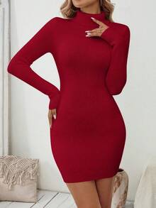 EMERY ROSE 新款欧美风格休闲时尚舒适合身针织女式套头毛衣裙，厚实保暖内衬，秋冬 - 紅色 - 查看 3