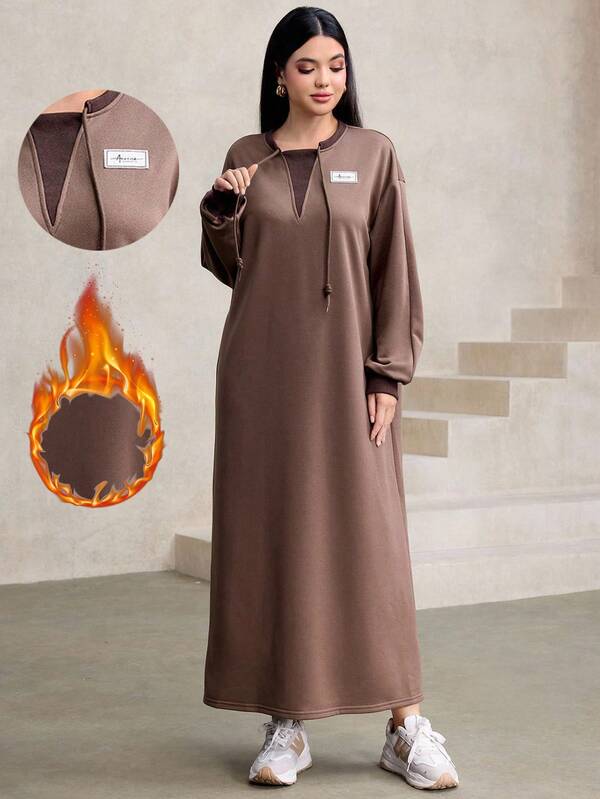 Graceveil Casual Drawstring Decor Loose Fit Round Neck Long Hoodie For Women, Brown, Autumn/Winter