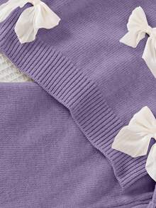 SHEIN Playful Pals 少女时尚甜美蝴蝶结针织毛衣搭配休闲直筒裤，适合居家、外出、聚会、返校 - 紫色 - 查看 7