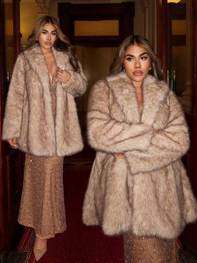 Xyvia 秋冬时尚女装纯色仿皮草大衣，女士长袖冬季外套，时尚翻领宽松，秋冬日常出行穿搭，下午茶派对穿搭，派对时尚外套