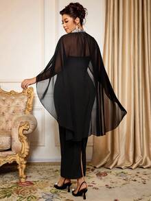 Cravure Plus Size Women's Elegant Black Summer Chiffon Strapless Bodycon Party Dress,Formal Dinner Evening Church Dress With Cape Curve Autumn Dress - Black - View 2