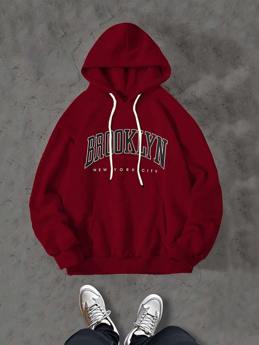 Manfinity LEGND Oversized Men's Letter Printed Drawstring Hoodie, Long Sleeve Top - Red - View 1