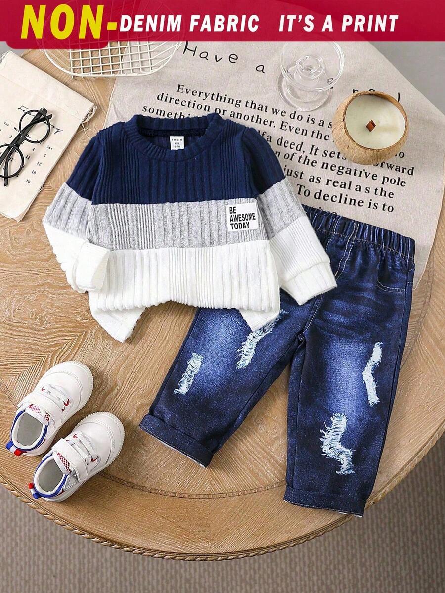 SHEIN Vintaside Kids 男宝宝春秋字母图案拼色圆领长袖上衣 + 蓝色牛仔效果裤 2 件套 - 彩色 - 查看 1