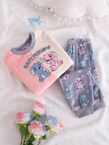 2pcs/Set Young Girl' Cute Cartoon Rabbit Pattern Long Sleeve Pants Pajama Set, Soft & Comfortable Warm Fleece - Multicolor - View 1