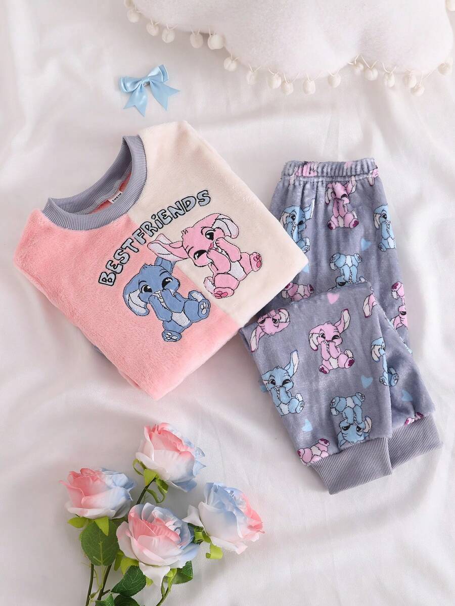 2pcs/Set Young Girl' Cute Cartoon Rabbit Pattern Long Sleeve Pants Pajama Set, Soft & Comfortable Warm Fleece - Multicolor - View 1