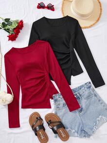 Teen Girl Plain Round Neck Long Sleeve Ruched Asymmetric Hem T-Shirt - Multicolor - View 1