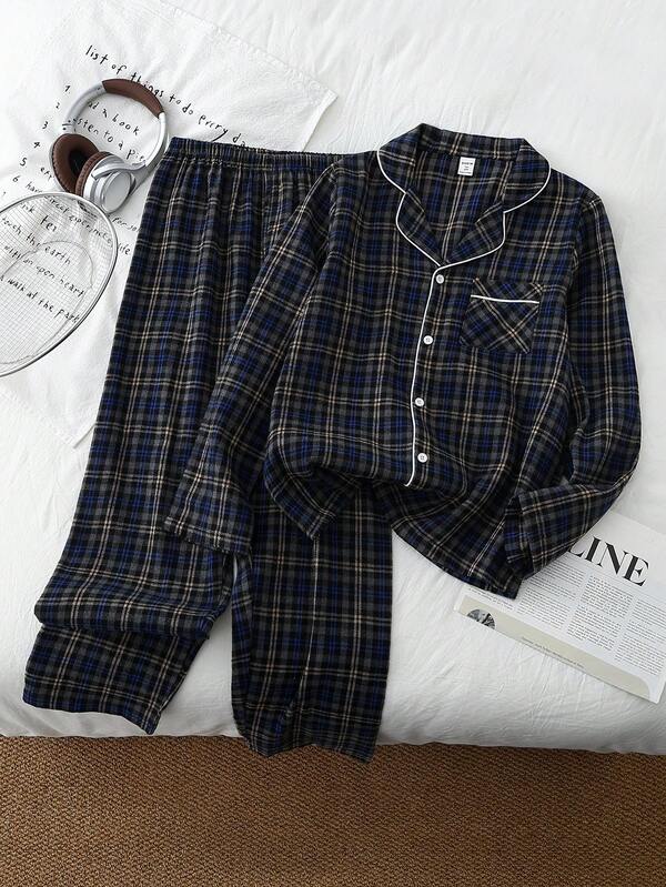 Conjunto de pijama casual y cómodo con cardigan de cuello de solapa a cuadros y pantalones para adolescentes