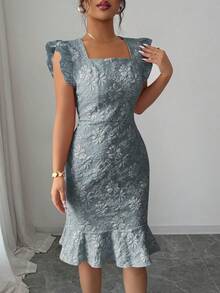 Elenzga Elegant Jacquard Commuter Dress, Summer - Gray Blue - View 5