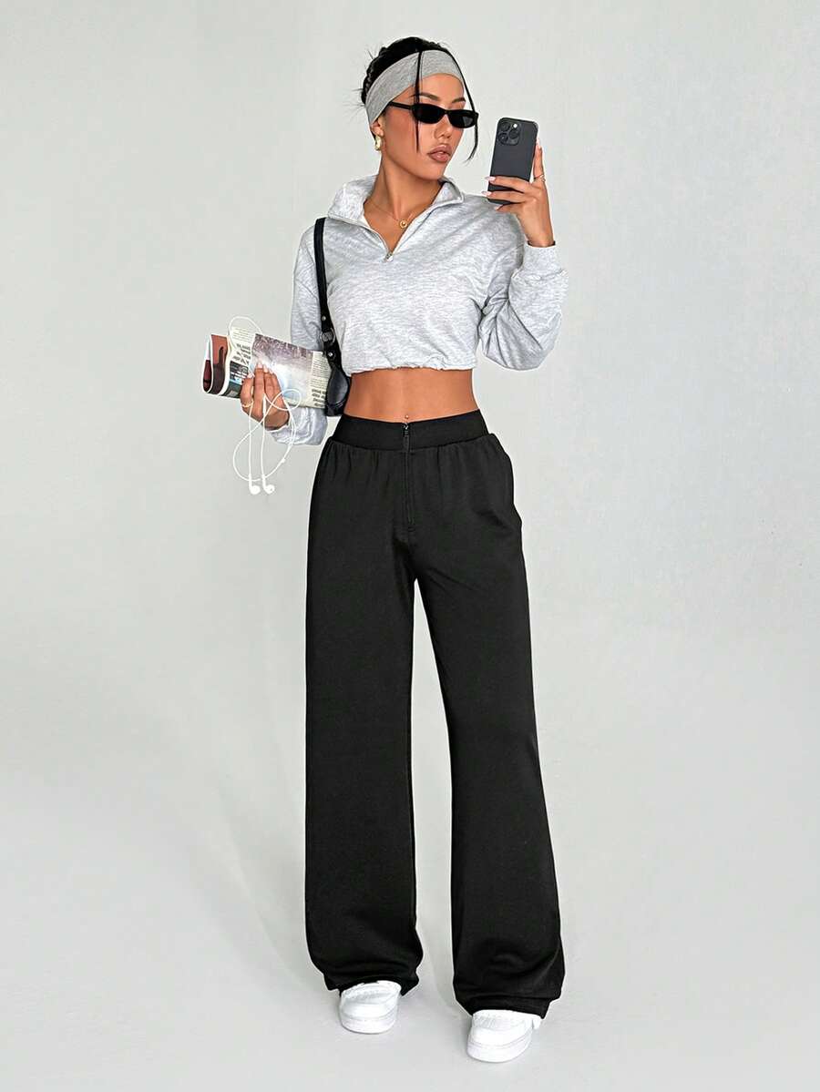 Dewbera 纯色松紧腰直筒宽松休闲百搭健身运动裤 - 黑色 - 查看 1