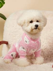 PETSIN 1件宠物猫狗通用粉色熊图案印花可爱时尚秋冬毛绒保暖舒适圆领狗狗连体衣 - 粉色 - 查看 2