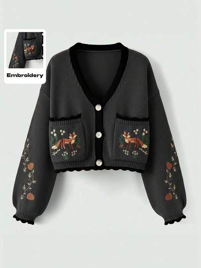 Fairycore Cardigan casual à manches lanternes avec bordure contrastée brodée, automne/hiver