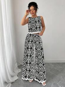 Rafferiza 女士圆领无袖露脐上衣和宽松印花撞色长裤两件套，夏季时尚大学服装 - 黑與白 - 查看 6