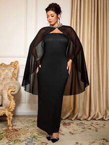 Cravure Plus Size Women's Elegant Black Summer Chiffon Strapless Bodycon Party Dress,Formal Dinner Evening Church Dress With Cape Curve Autumn Dress - Black - View 4