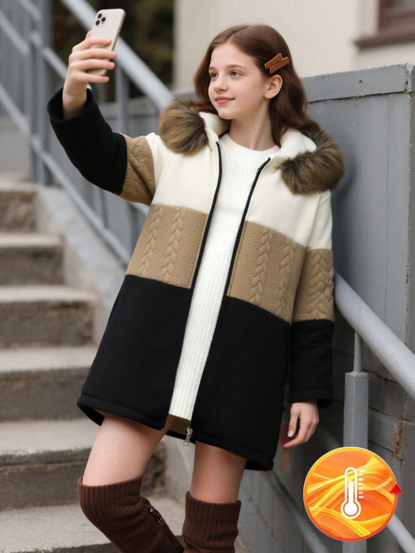 SHEIN Sparklyn جاكيت كاجوال مقنعة للبنات مع جيوب م...