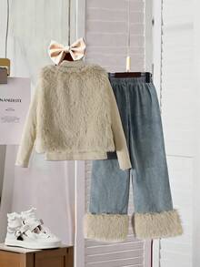 3pcs Girls Winter Outfit - Long Sleeve Frill Trim Undershirt + Furry Vest + Denim Patchwork Furry Pants, Korean Style Girls Autumn/Winter Set - Khaki - View 2