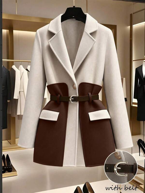 GlowEve بليزر نسائي بياقة لاقطة، تصميم ربطة الخصر، مناسب للجسم، للاستخدام اليومي والعمل، أنيق بطراز فرنسي، لون كاكي/بيج، أكمام طويلة، للخريف/الشتاء