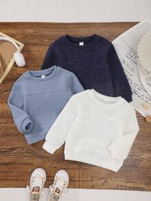 SHEIN Set 3 buc. bluze casual minimaliste din fleece pentru băieți mici, cu guler rotund, umeri căzuți, mânecă lungă, pachet avantajos în 3 culori, confortabile și moi - Multicolor - Vizualizare 1