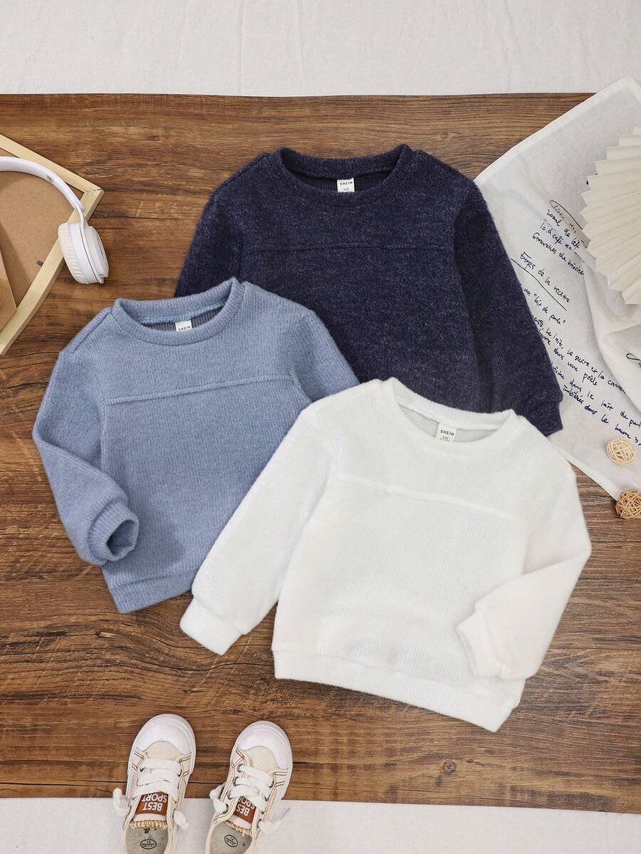 SHEIN Set 3 buc. bluze casual minimaliste din fleece pentru băieți mici, cu guler rotund, umeri căzuți, mânecă lungă, pachet avantajos în 3 culori, confortabile și moi - Multicolor - Vizualizare 1