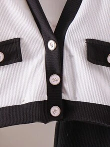 Young Girls Ribbed Snake Pattern Cardigan Long Sleeve Elegant Top Jacket, Black Faux Pocket Pants 2-Piece Outfit, Children Fashion Commuter Set - White - View 4