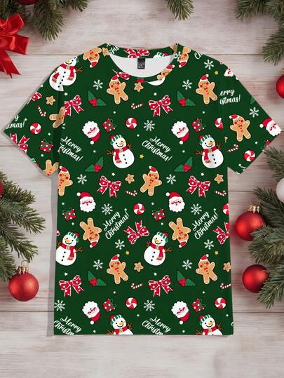 Manfinity RelaxMax T-shirt décontracté à col rond à manches courtes avec imprimé bonhomme de neige et pain d'épices de Noël pour hommes