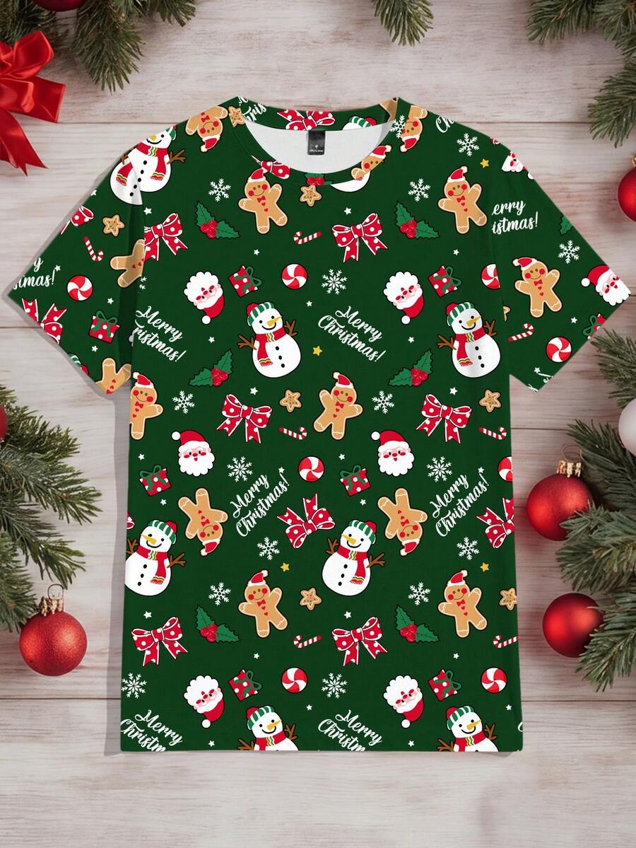 Manfinity RelaxMax T-shirt décontracté à col rond à manches courtes avec imprimé bonhomme de neige et pain d'épices de Noël pour hommes