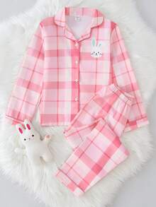 Tween Girls Pajamas-Pajama Set Plaid Pink Lapel Long Sleeve Top Elastic Waist Pants Cute Rabbit Embroidery Comfortable Loungewear Four Season Sleepwear 2026 New Year Essential - Pink - View 1