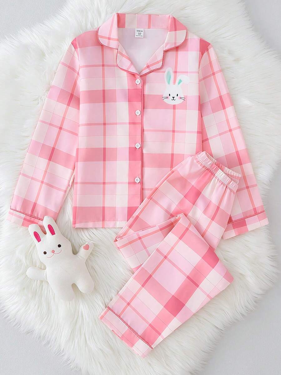 Tween Girls Pajamas-Pajama Set Plaid Pink Lapel Long Sleeve Top Elastic Waist Pants Cute Rabbit Embroidery Comfortable Loungewear Four Season Sleepwear 2026 New Year Essential - Pink - View 1