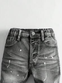 SHEIN Playful Pals 男婴 Y2K 风格破洞牛仔裤，修身卷边，舒适弹力面料，休闲时尚 - 淺灰色 - 查看 7