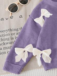 SHEIN Playful Pals 少女时尚甜美蝴蝶结针织毛衣搭配休闲直筒裤，适合居家、外出、聚会、返校 - 紫色 - 查看 6