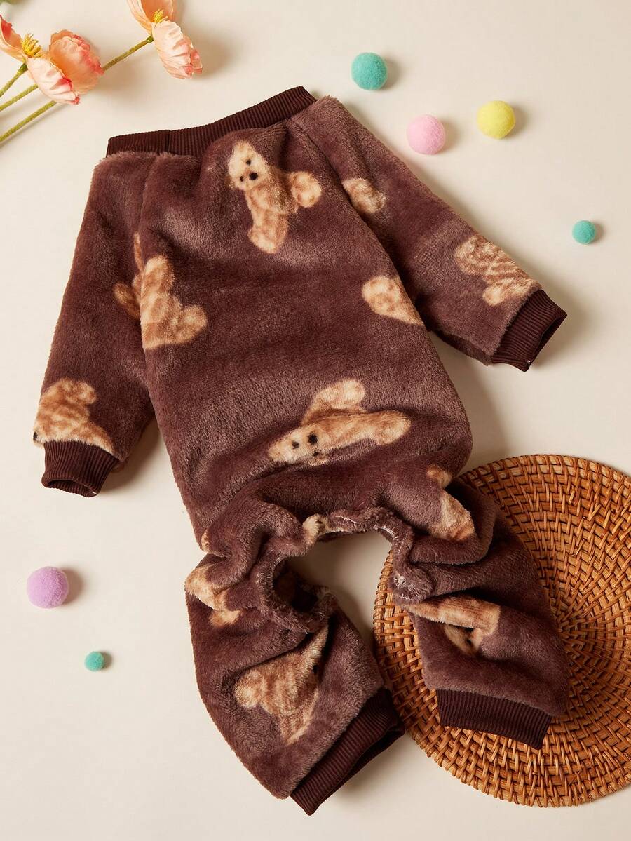 PETSIN 1pc Pet Cat Dog Universal Brown Teddy Bear Pattern Print Cute And Fashionable Autumn And Winter Plush Warm And Comfortable Round Neck Dog Jumpsuit