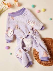 PETSIN 1件宠物猫狗通用紫色兔子花朵图案印花可爱时尚秋冬毛绒保暖舒适圆领狗狗连体衣