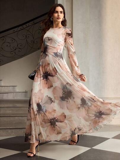 ZEYLAH שמלה אלגנטית עם שרוולים ארוכים בהדפס פרחוני לנשים