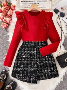 Elladie kids 2pcs Girls Frill Trim Round Neck Long Sleeve T-Shirt And Plaid Shorts Set, Spring/Autumn Autumn/Winter Princess Halloween/Christmas Party Dresses - Red - View 3