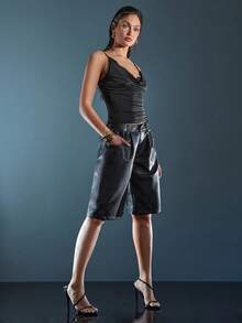 Denimoi Faux Leather Jorts Fall And Winter Fashion GNO Date Night Going Out Styles Fashionable - Black - View 4