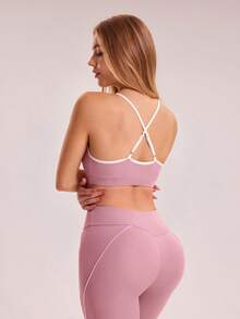 Sovereign Charm 3pcs/Set Casual Versatile Contrast Color Printed Stripe Slim Fit Yoga & Sports Outfit Pink Gym Outfit - Multicolor - View 2