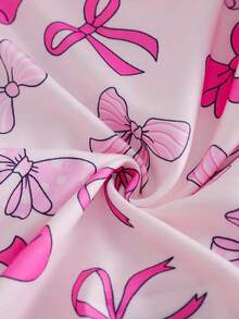 SHEIN 2 件套女婴时尚粉色蝴蝶结印花圆领荷叶边长袖运动衫上衣 + 蝴蝶结印花喇叭裤套装，休闲风格，适合春秋季 - 粉色 - 查看 8