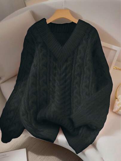 Franclia 新款宽松、柔软、甜美粉色超大V领粗麻花针织套头衫，适合秋冬穿着