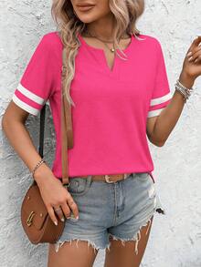 SHEIN LUNE Women's Summer Casual Short Sleeve Tee With Contrast Color V-Neck Design Graphic Tees Women Tops - Hot Pink - View 5