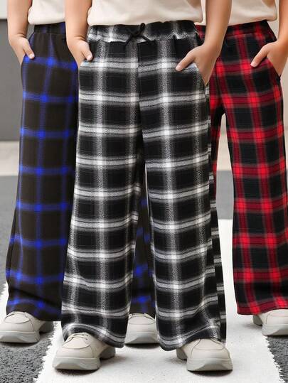 Boys' Christmas Plaid Casual Pants, Suitable For Travel And Outings, Christmas Red Plaid, Multi-Color Plaid Straight Trousers