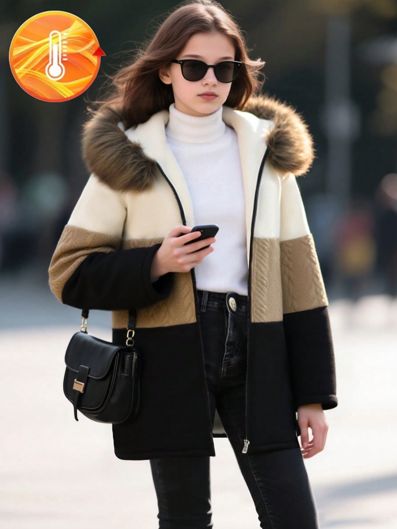 SHEIN Sparklyn جاكيت كاجوال مقنعة للبنات مع جيوب م...