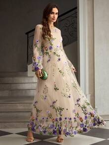 ZEYLAH Đầm dài tay đèn lồng thêu hoa bằng lưới thắt eo cho nữ, phong cách nghỉ dưỡng lãng mạn, mùa xuân/hè/thu - Màu tím hoa cà - Xem 4