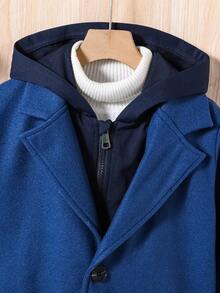 Tween Boys' Solid Color Minimalist Button-Up Long Sleeve Hooded Coat - Navy Blue - View 5