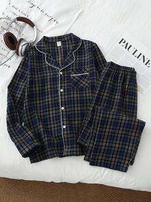 Conjunto de pijama casual y cómodo con cardigan de cuello de solapa a cuadros y pantalones para adolescentes